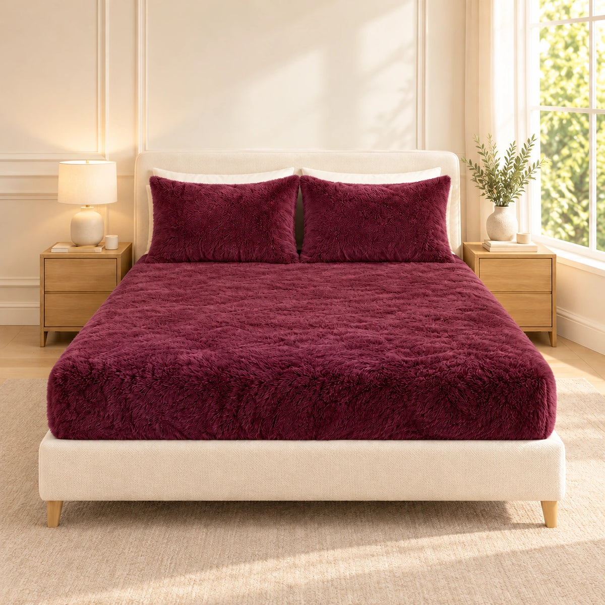 Golden House Fluffy Winter Fitted Sheet Set in Burgundy