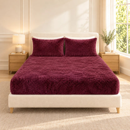 Golden House Fluffy Winter Fitted Sheet Set in Burgundy