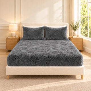 Golden House Fluffy Winter Fitted Sheet Set in Charcoal