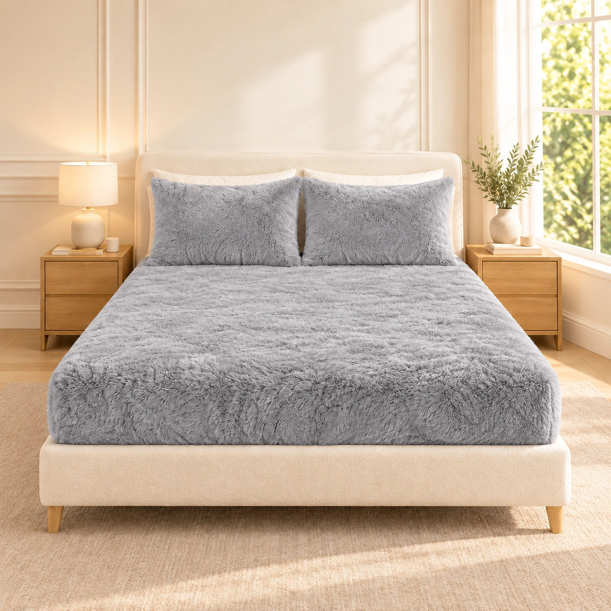 Golden House Fluffy Winter Fitted Sheet Set in Light Gray