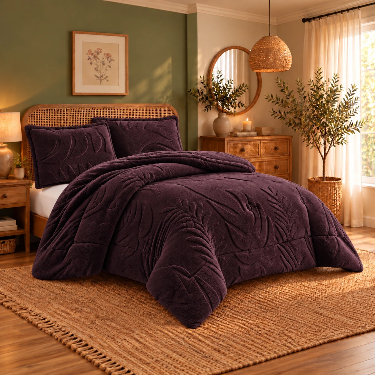 Mohair Coverlet Set – Botanical Design in Aubergine, complete bed lifestyle photo