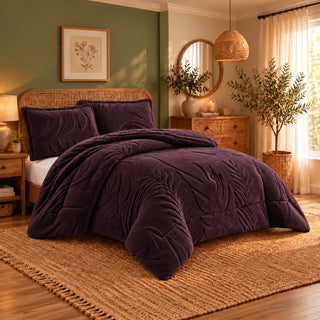 Mohair Coverlet Set – Botanical Design in Aubergine, complete bed lifestyle photo
