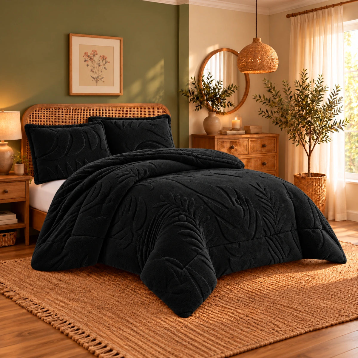 Mohair Coverlet Set – Botanical Design in Black, complete bed lifestyle photo