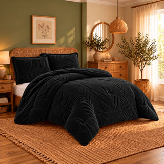 Mohair Coverlet Set – Botanical Design in Black, complete bed lifestyle photo