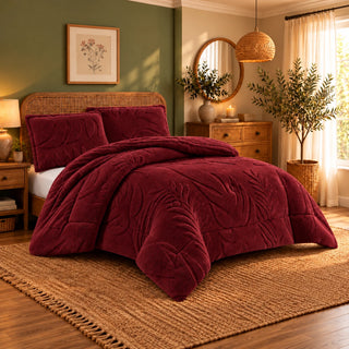 Mohair Coverlet Set – Botanical Design in Burgundy, complete bed lifestyle photo