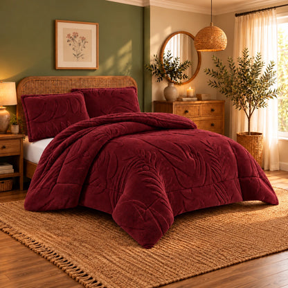 Mohair Coverlet Set – Botanical Design in Burgundy, complete bed lifestyle photo