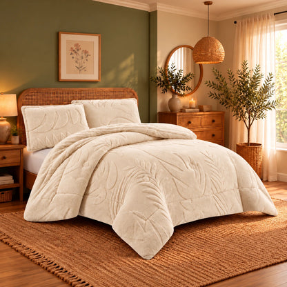 Mohair Coverlet Set – Botanical Design in Ivory, complete bed lifestyle photo