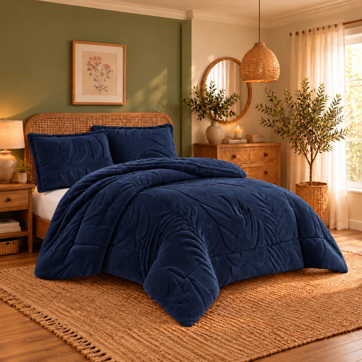 Mohair Coverlet Set – Botanical Design in Navy, complete bed lifestyle photo
