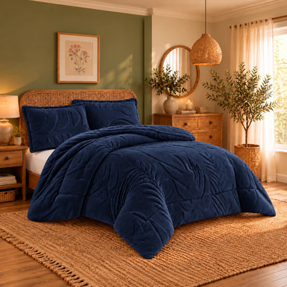 Mohair Coverlet Set – Botanical Design in Navy, complete bed lifestyle photo