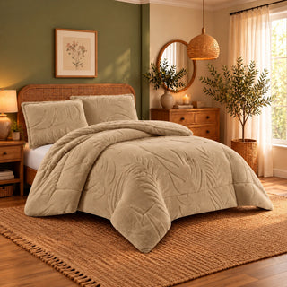 Mohair Coverlet Set – Botanical Design in Taupe, complete bed lifestyle photo
