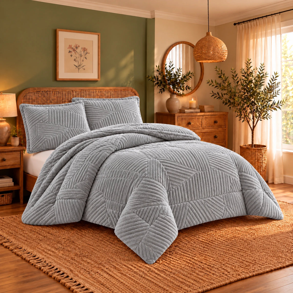 Mohair Coverlet Set – Geometric Design in Gray, complete bed lifestyle photo