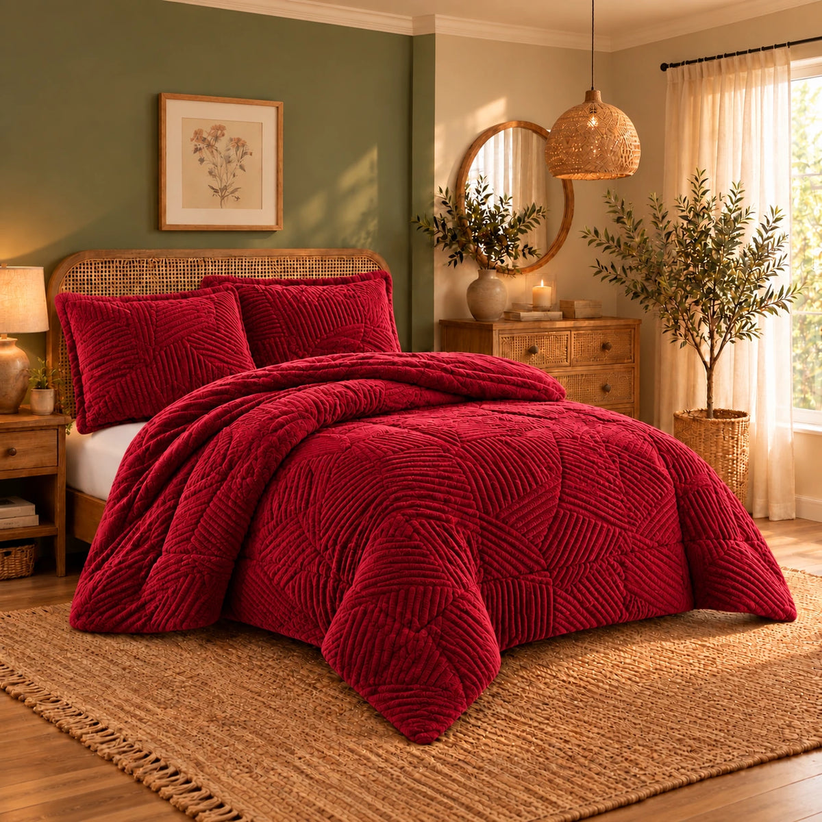 Mohair Coverlet Set – Geometric Design in Red, complete bed lifestyle photo