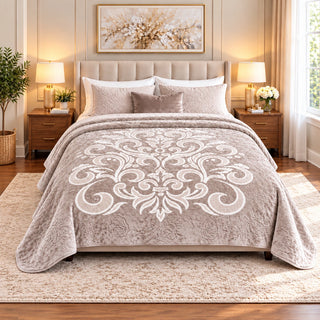 greige Mohair double blanket with ornamental design, 220 × 240 cm