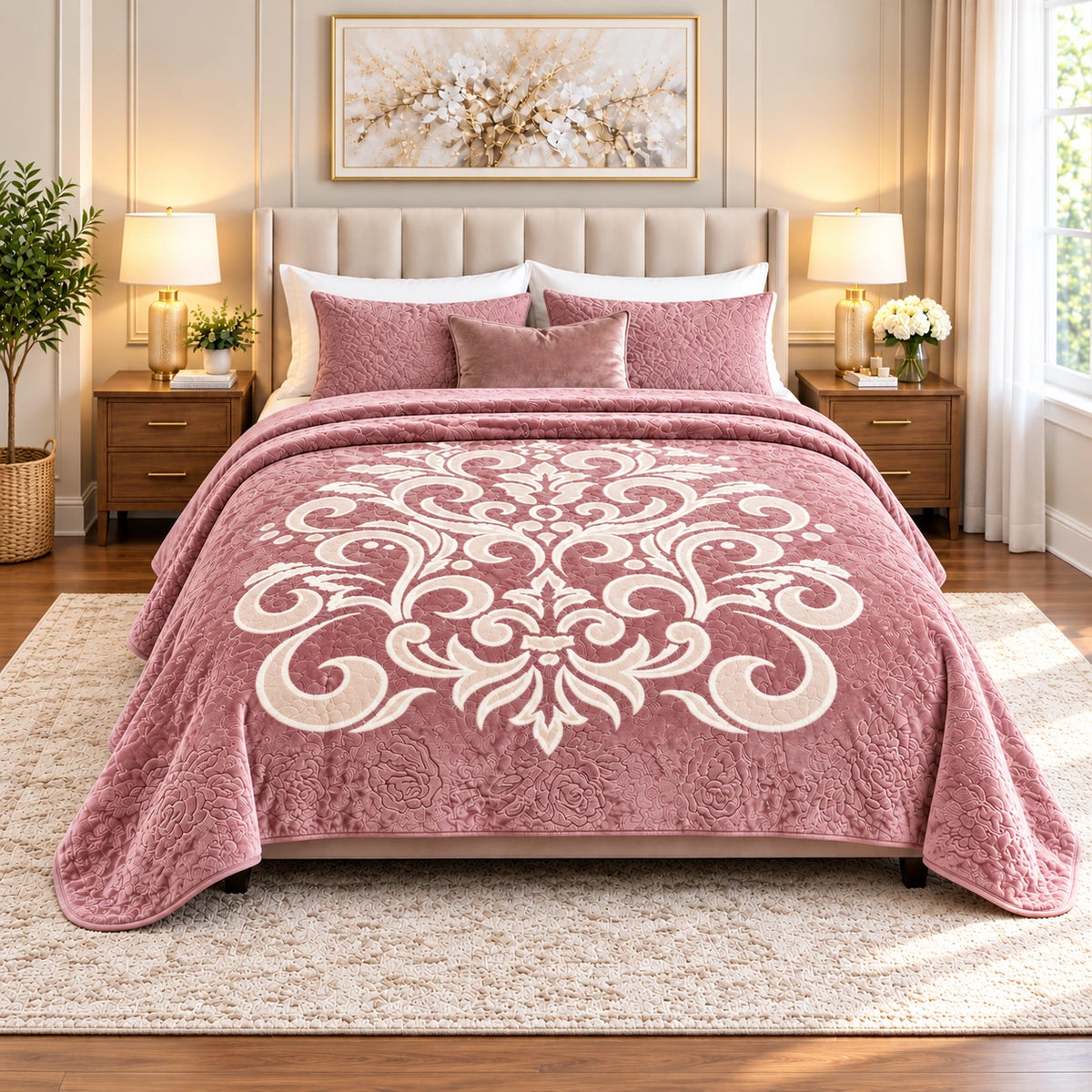Pink Mohair double blanket with ornamental design, 220 × 240 cm