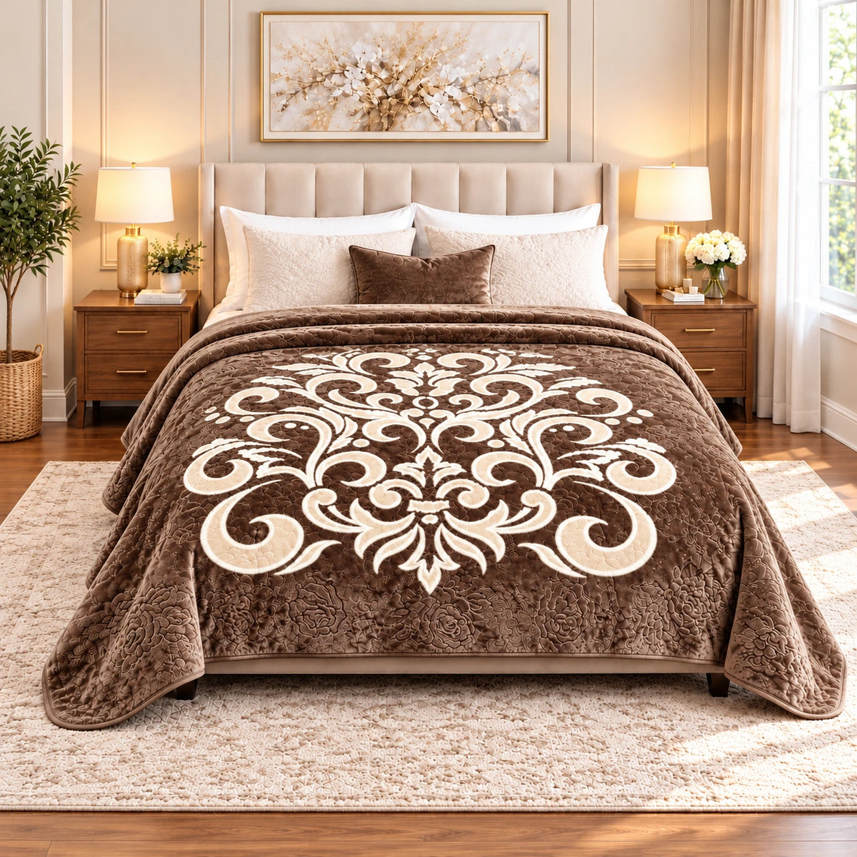 camel Mohair double blanket with ornamental design, 220 × 240 cm