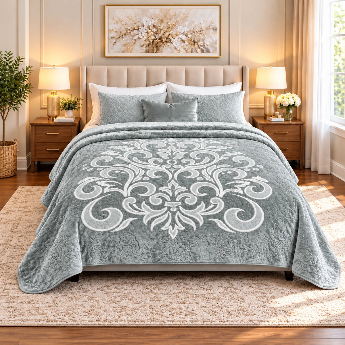 gray Mohair double blanket with ornamental design, 220 × 240 cm