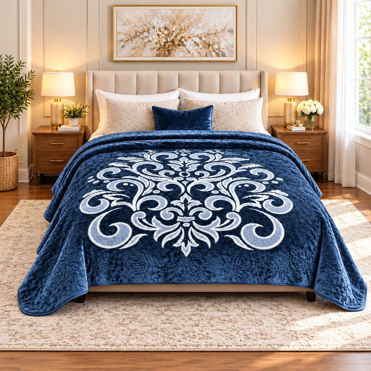 navy Mohair double blanket with ornamental design, 220 × 240 cm
