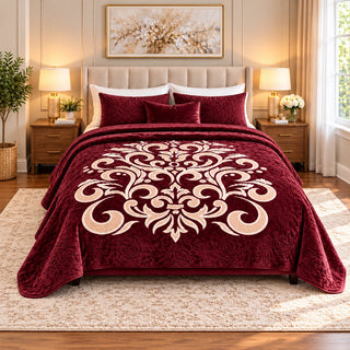 burgundy Mohair double blanket with ornamental design, 220 × 240 cm