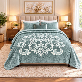 aqua-green Mohair double blanket with ornamental design, 220 × 240 cm