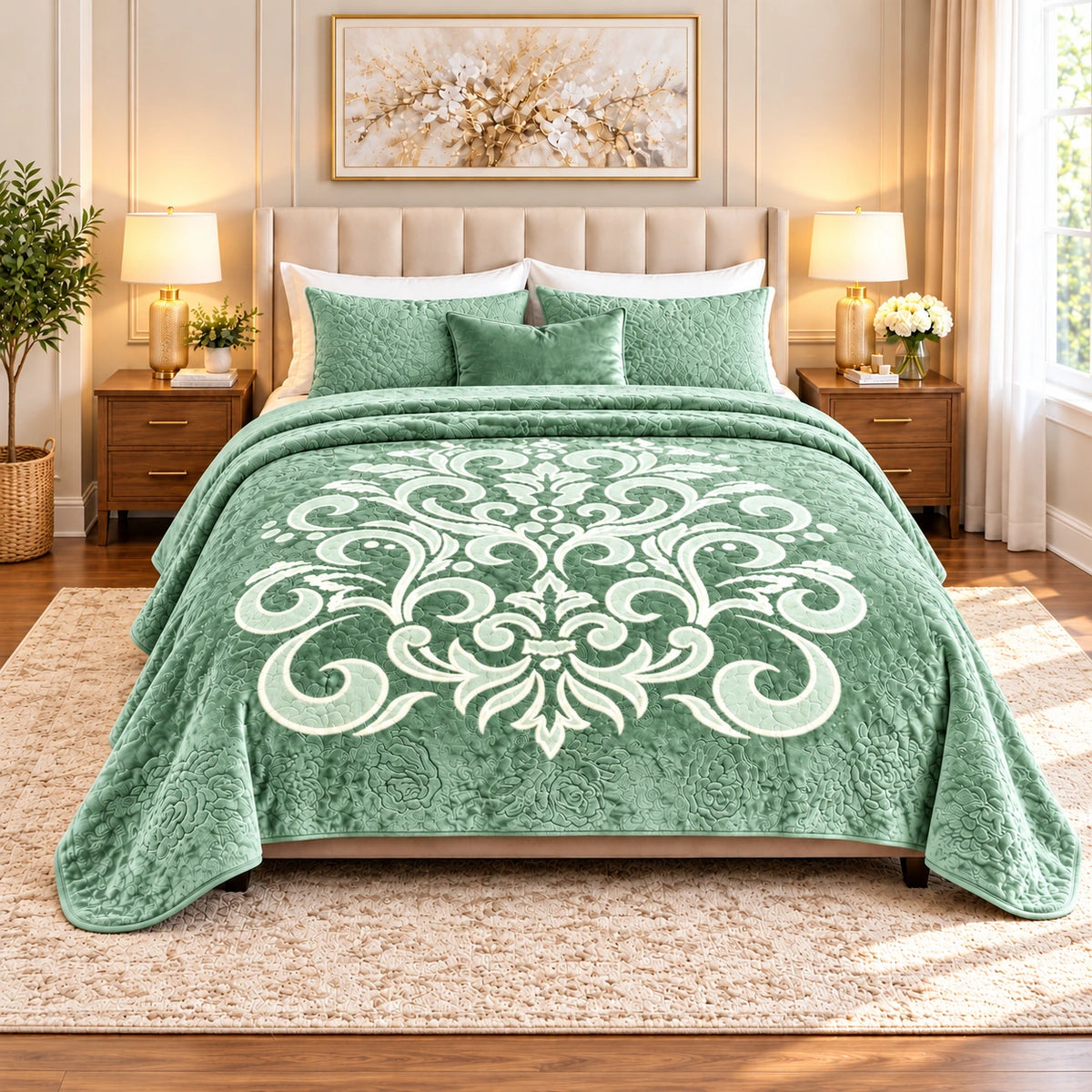 mint-green Mohair double blanket with ornamental design, 220 × 240 cm