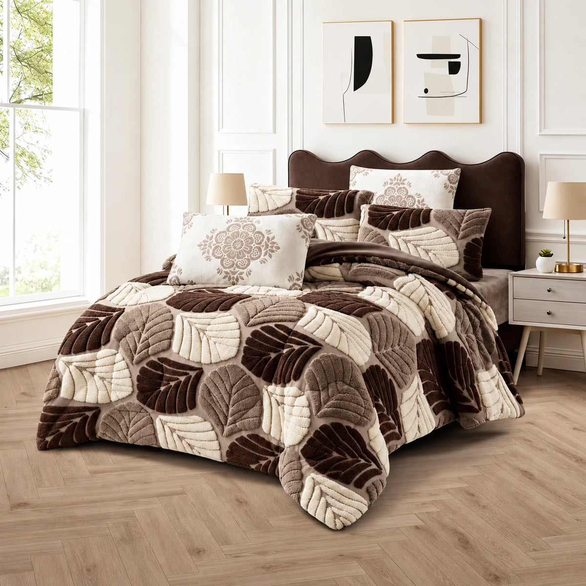 Prince Sleep Mohair Leaf Coverlet Set in Brown