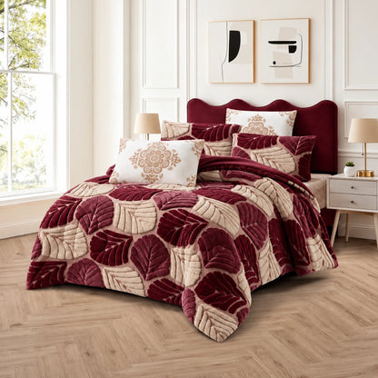 Prince Sleep Mohair Leaf Coverlet Set in Burgundy