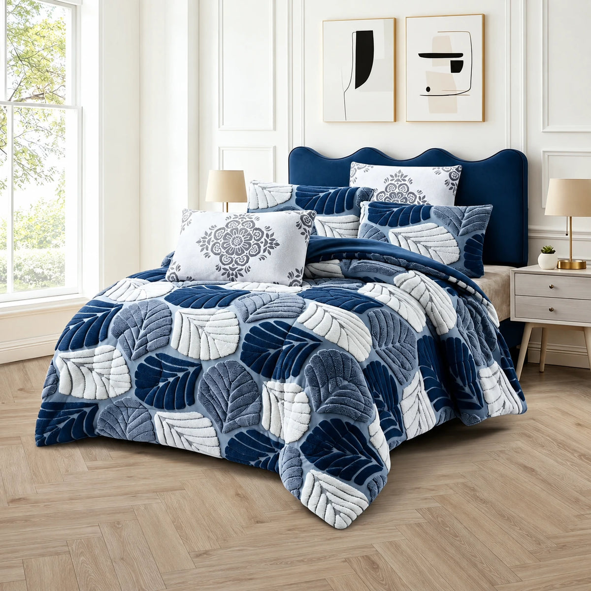 Prince Sleep Mohair Leaf Coverlet Set in Navy