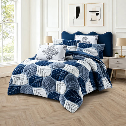 Prince Sleep Mohair Leaf Coverlet Set in Navy