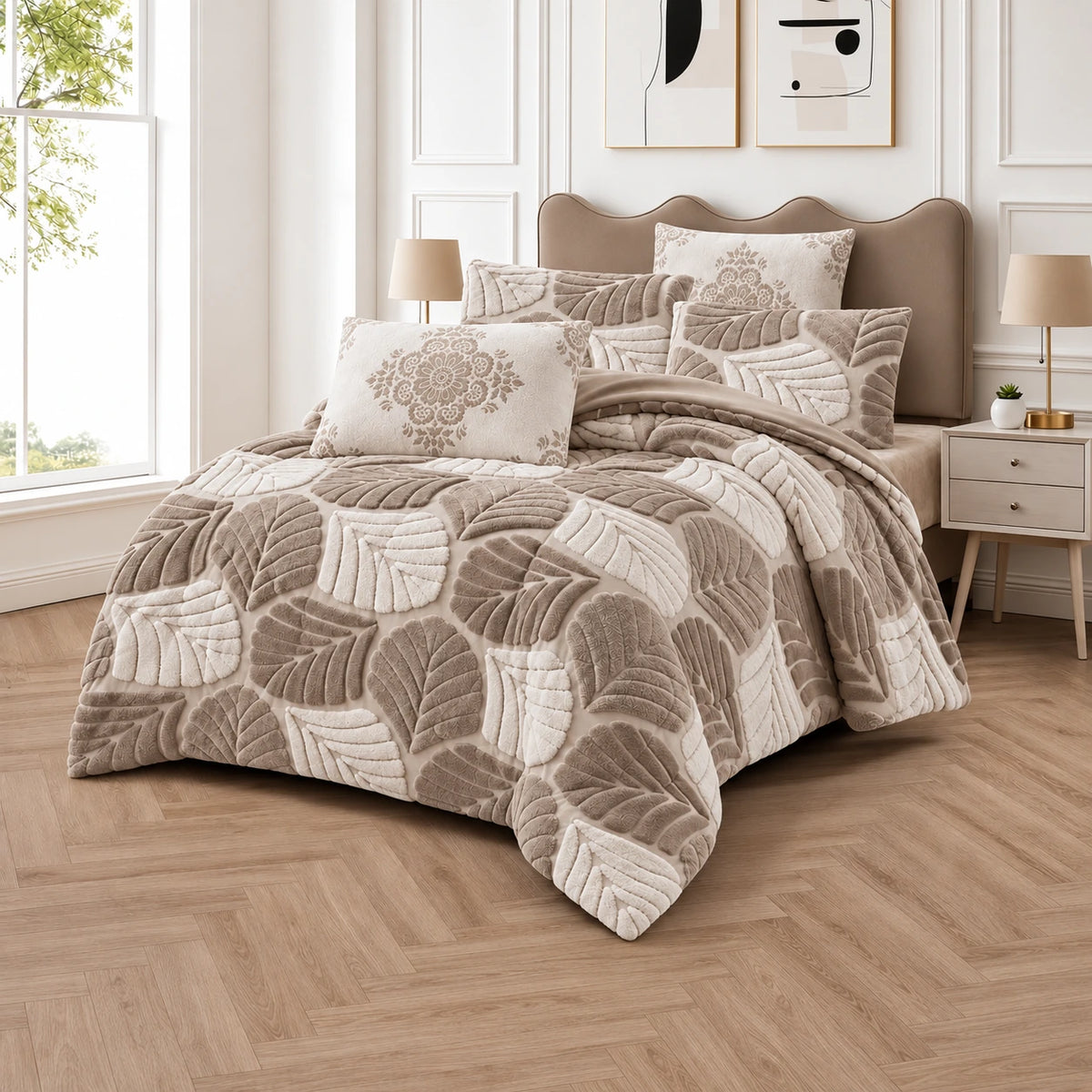 Prince Sleep Mohair Leaf Coverlet Set in Taupe