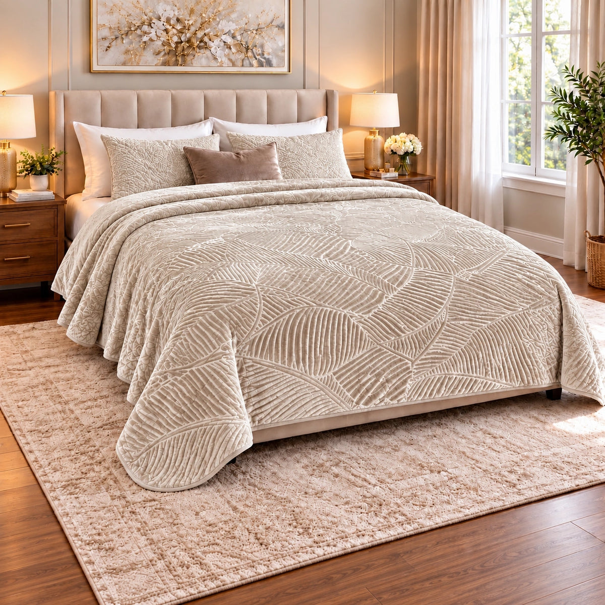 Prince Sleep leaf-pattern double blanket in Greige, 220 x 240 cm