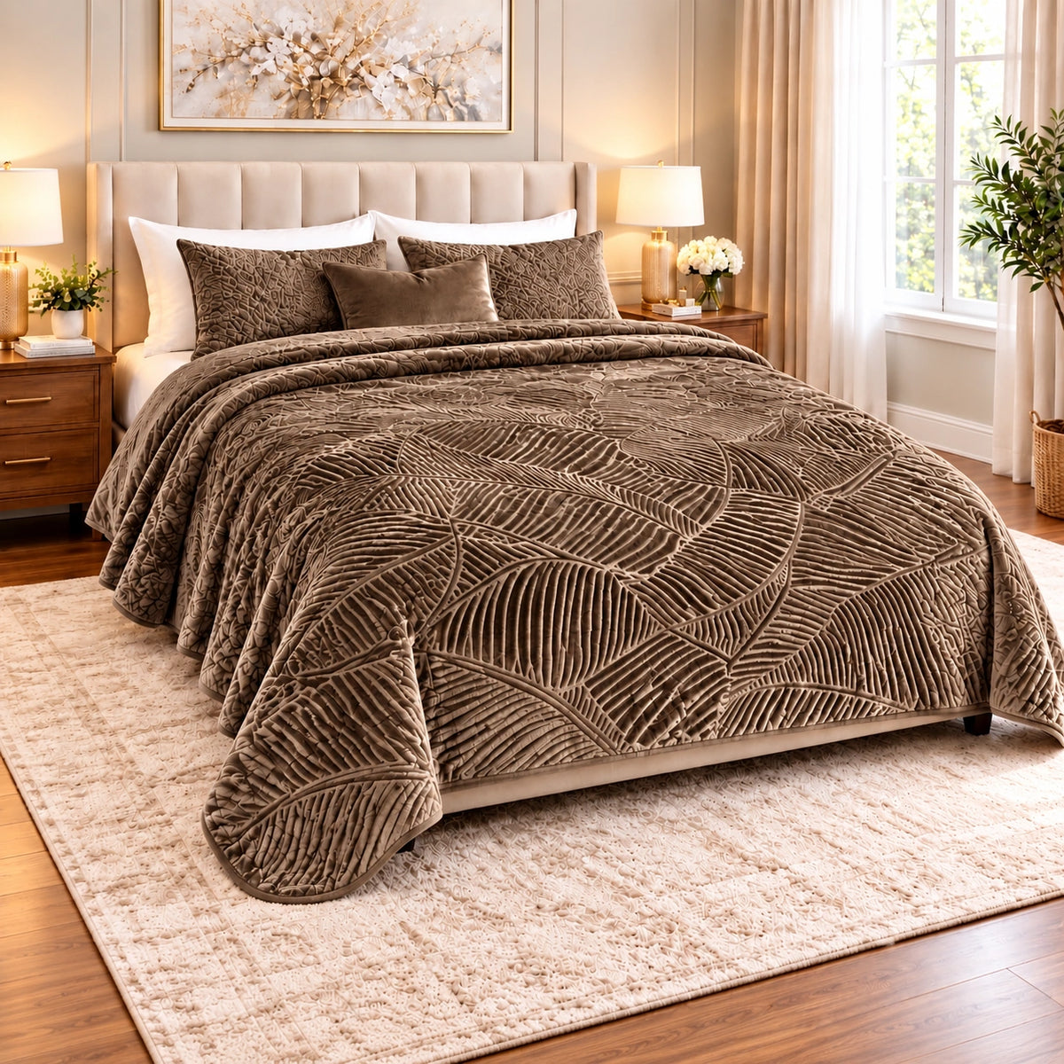 Prince Sleep leaf-pattern double blanket in Camel, 220 x 240 cm