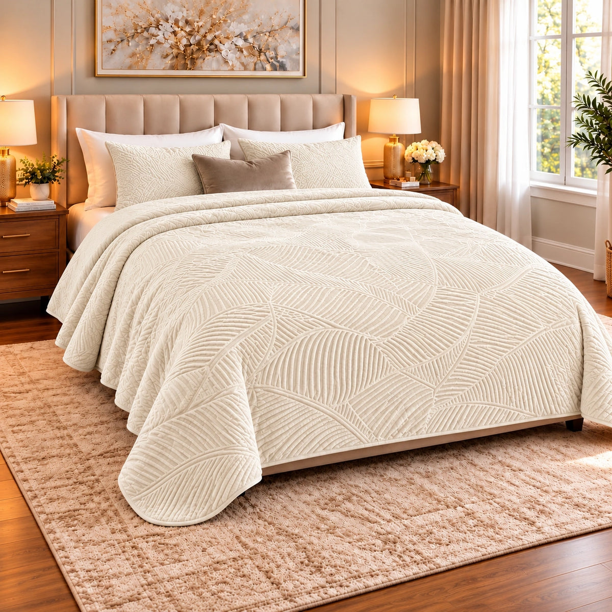 Prince Sleep leaf-pattern double blanket in Ivory, 220 x 240 cm
