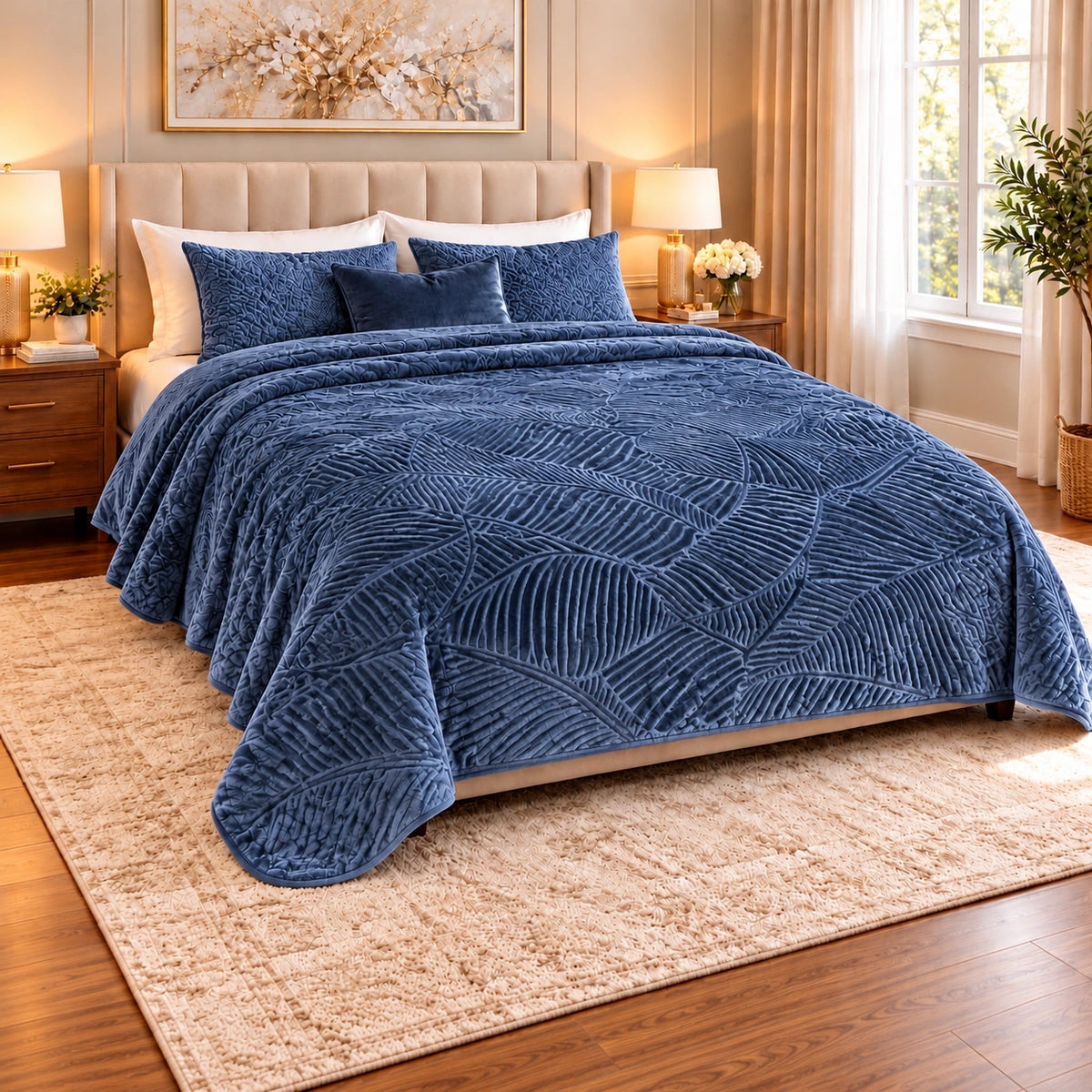 Prince Sleep leaf-pattern double blanket in Navy, 220 x 240 cm