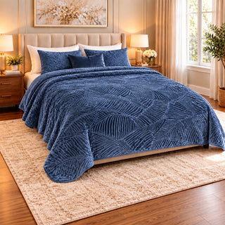 Prince Sleep leaf-pattern double blanket in Navy, 220 x 240 cm