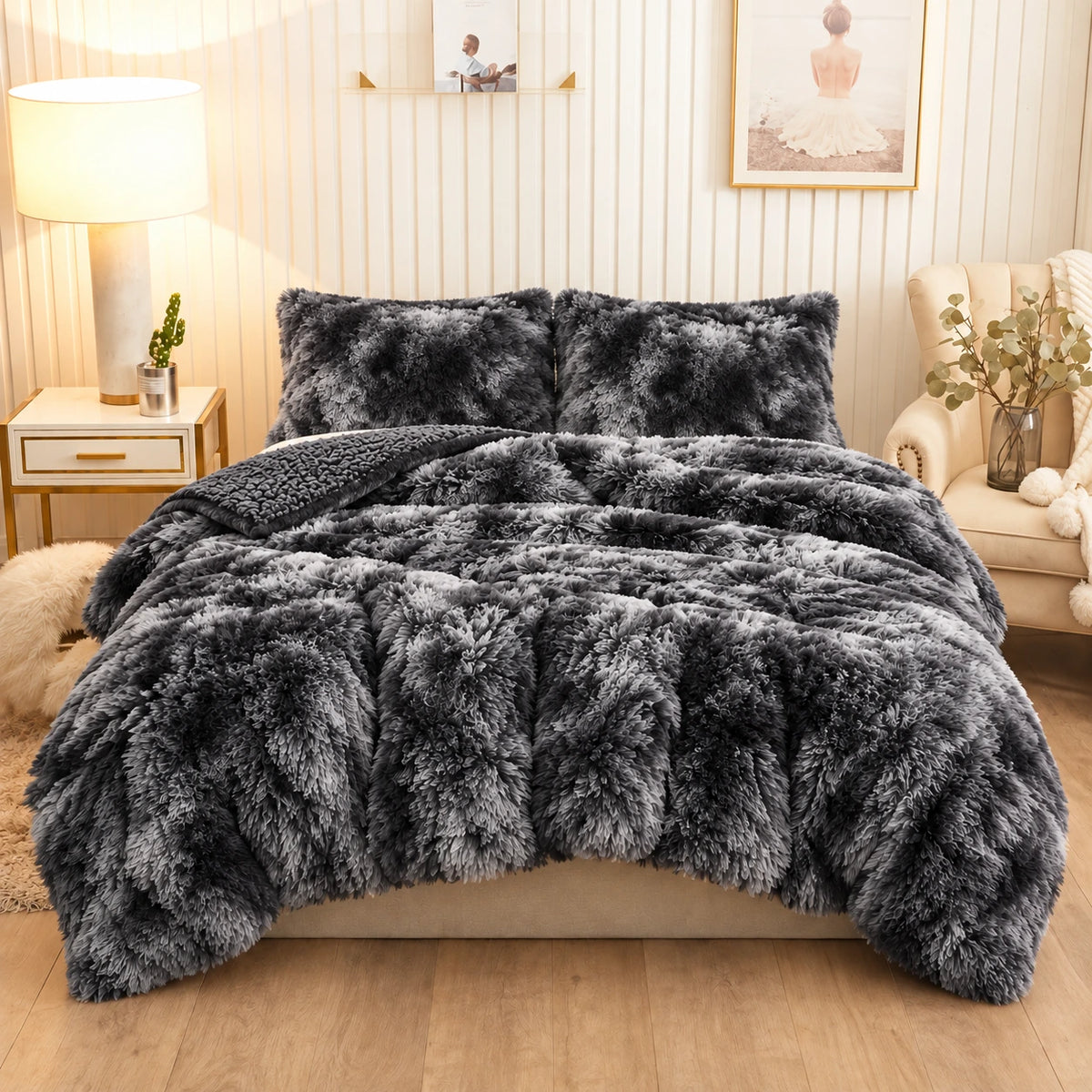 Golden House Shaggy Coverlet Set in charcoal silver, 180 × 240 cm