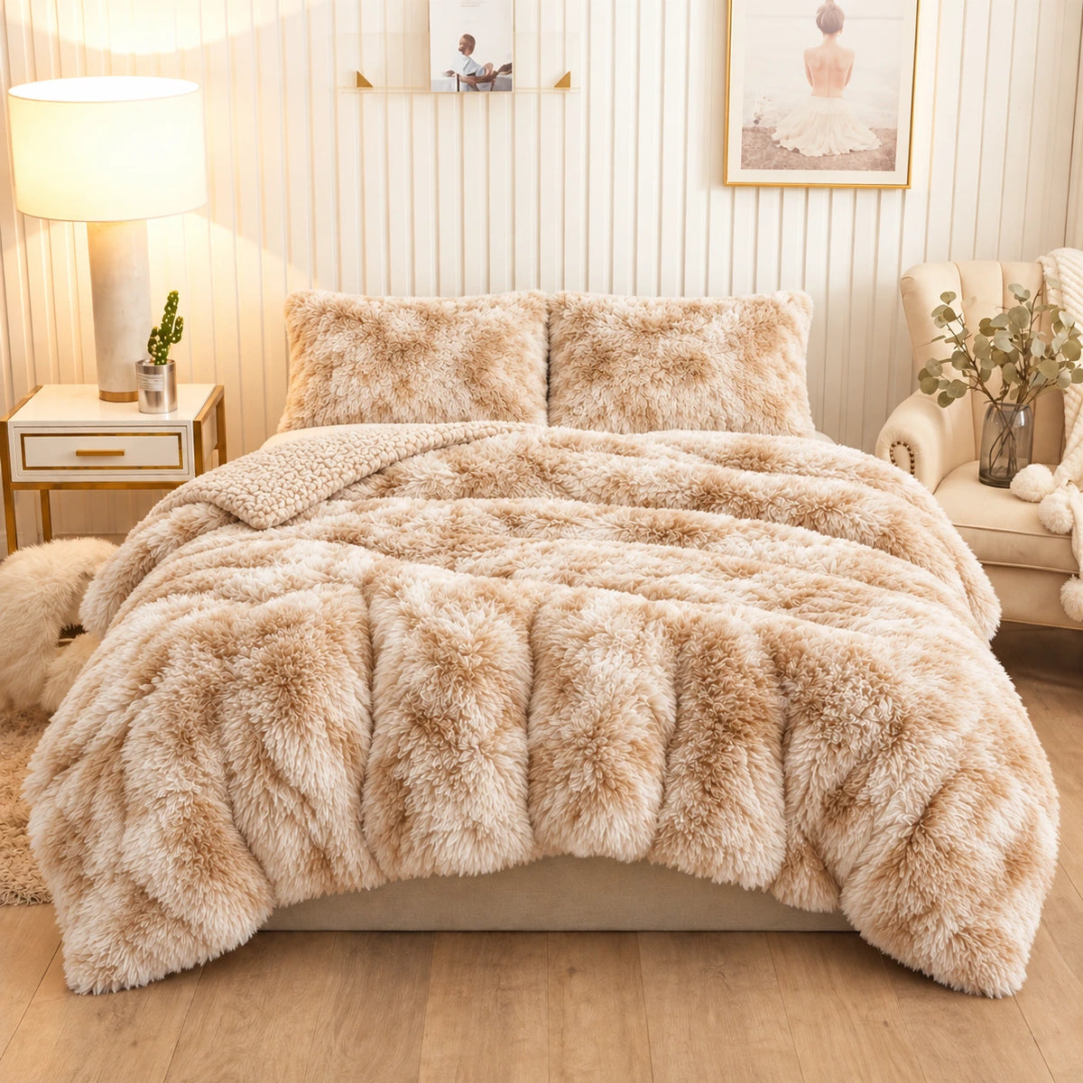 Golden House Shaggy Coverlet Set in ivory beige, 180 × 240 cm