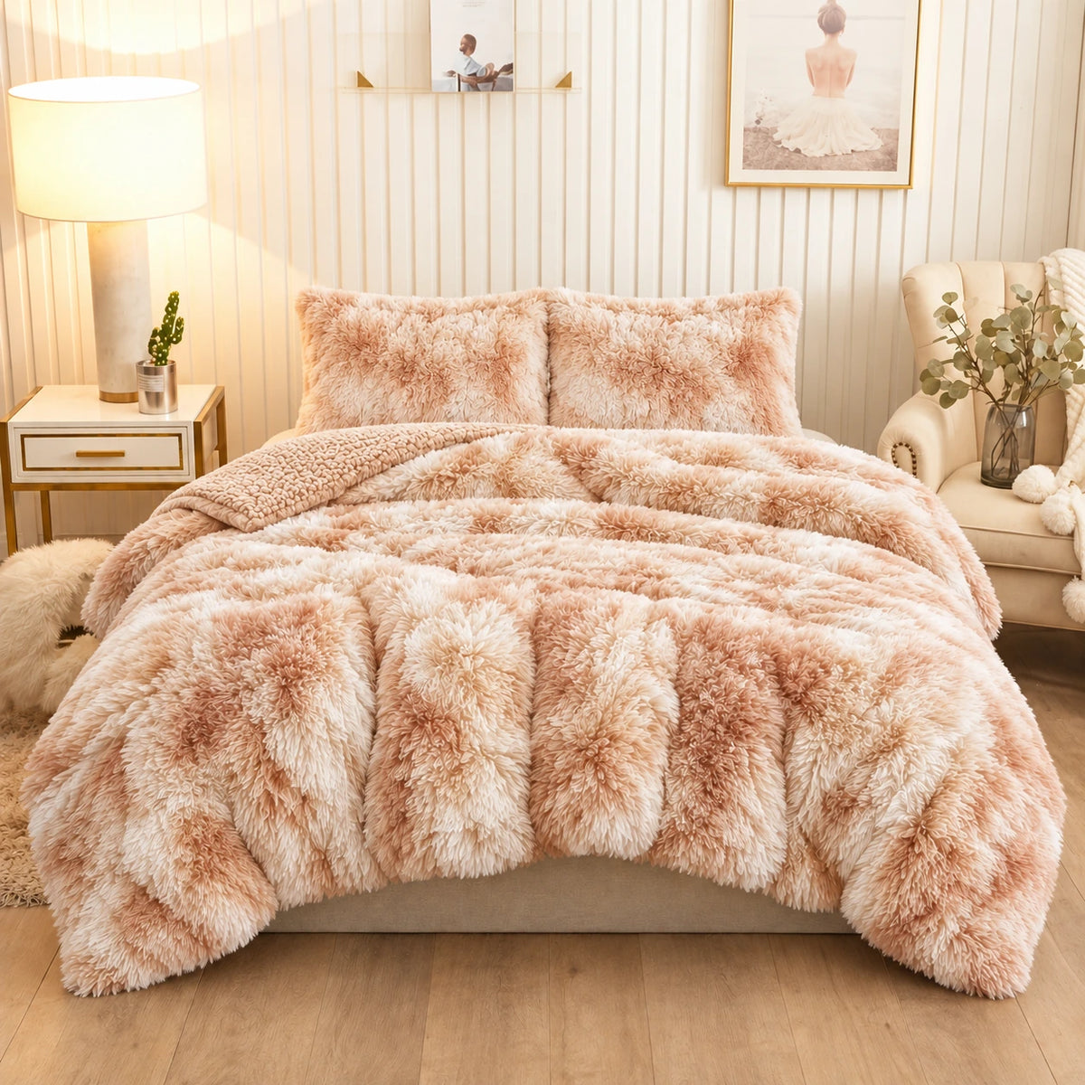 Golden House Shaggy Coverlet Set in peach cream, 180 × 240 cm