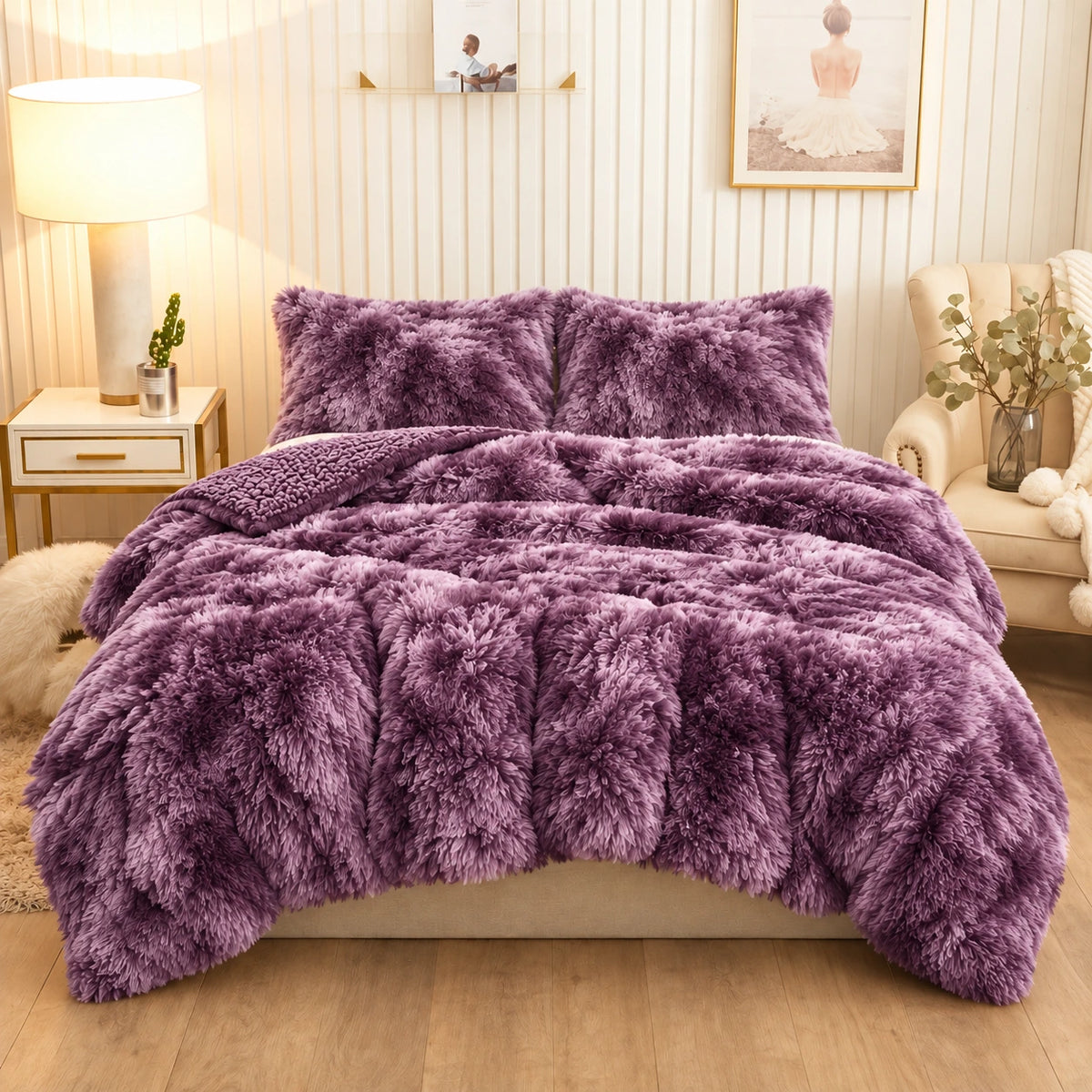 Golden House Shaggy Coverlet Set in lilac, 180 × 240 cm