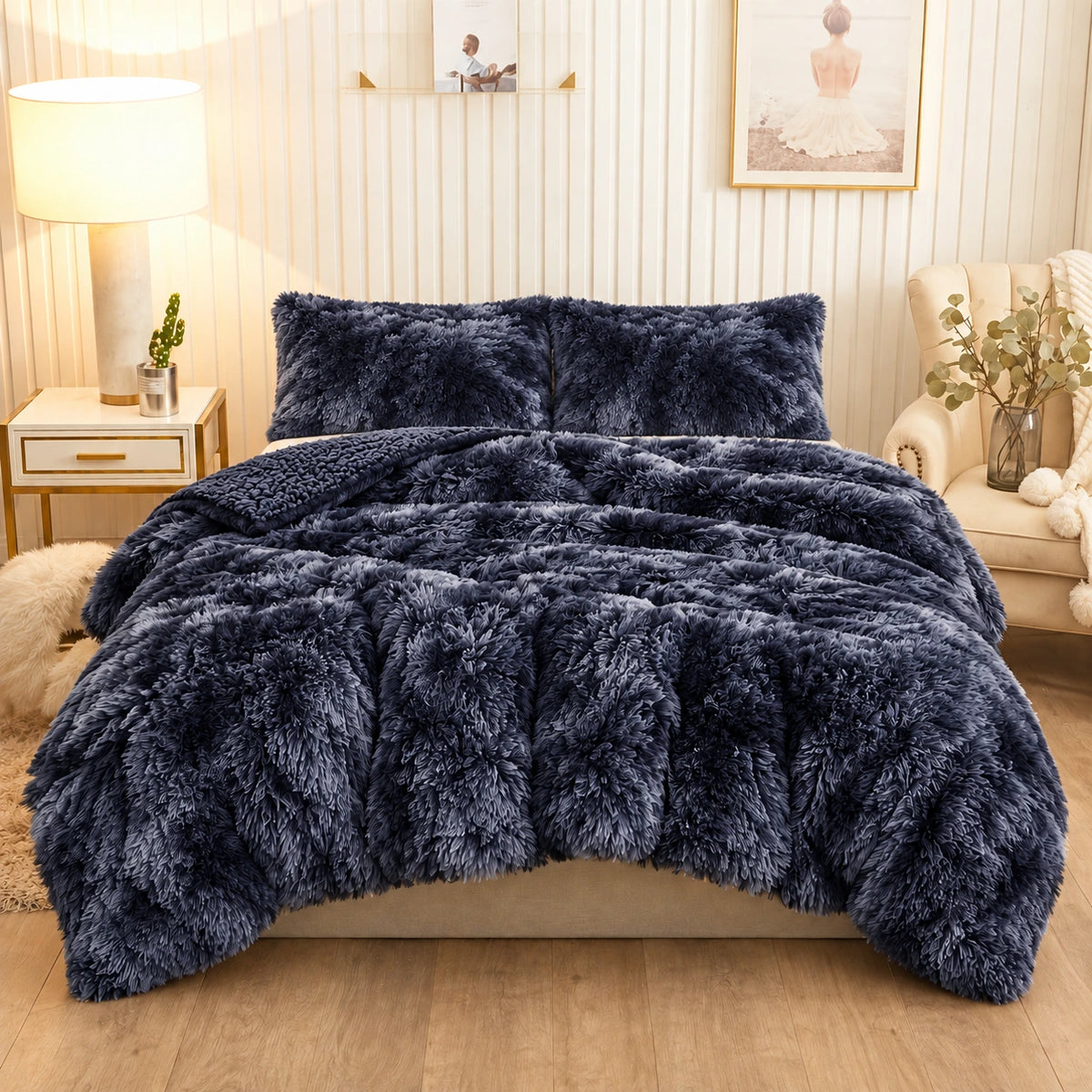Golden House Shaggy Coverlet Set in navy, 180 × 240 cm