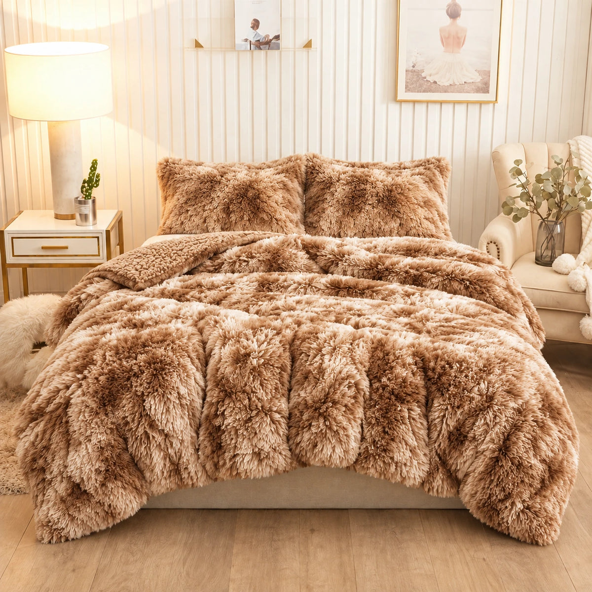 Golden House Shaggy Coverlet Set in camel, 180 × 240 cm