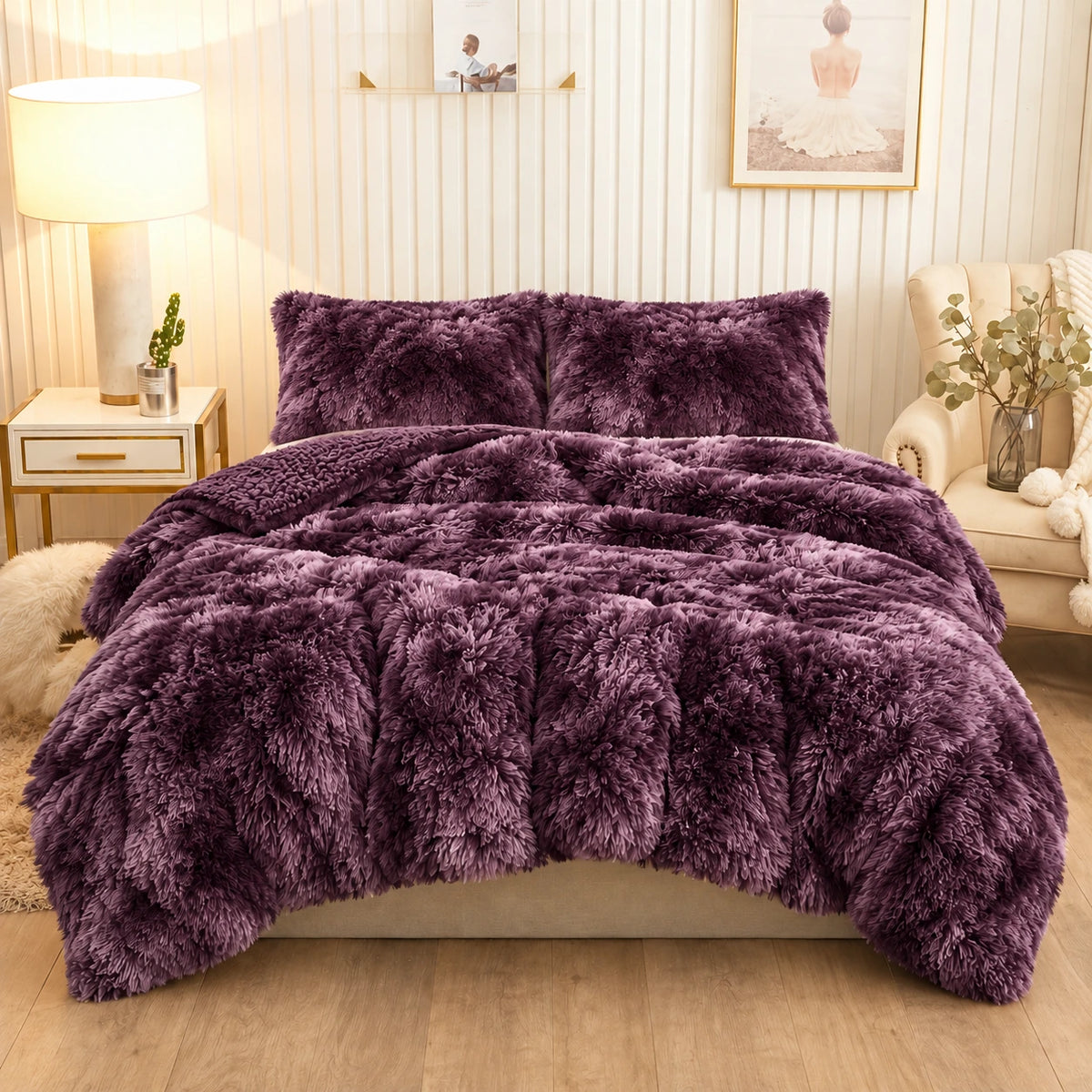 Golden House Shaggy Coverlet Set in plum, 180 × 240 cm