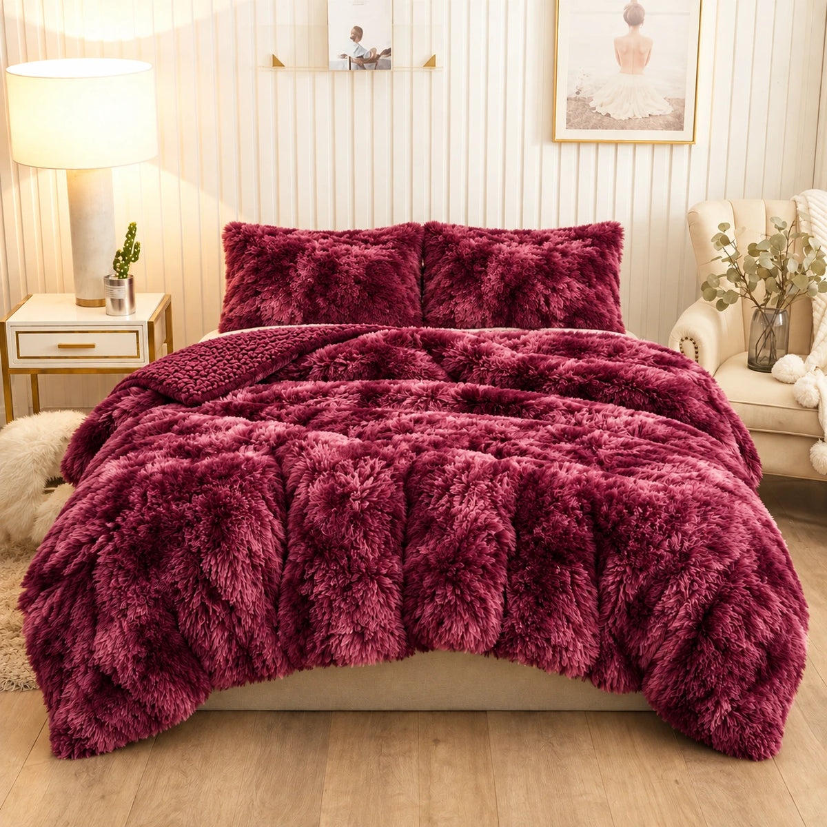 Golden House Shaggy Coverlet Set in burgundy, 180 × 240 cm