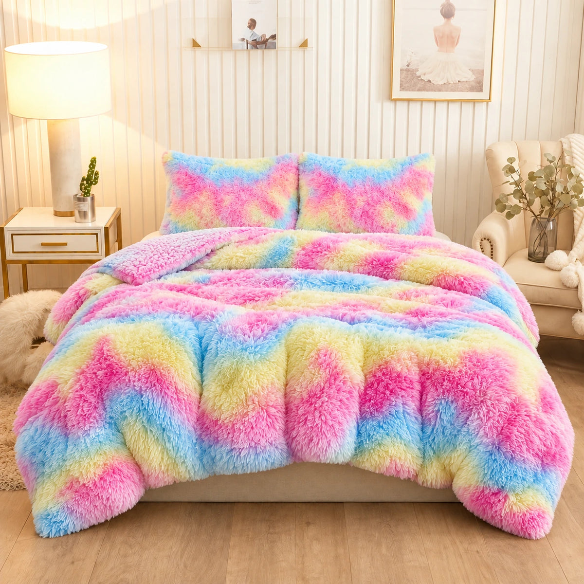Golden House Shaggy Coverlet Set in pastel rainbow, 180 × 240 cm
