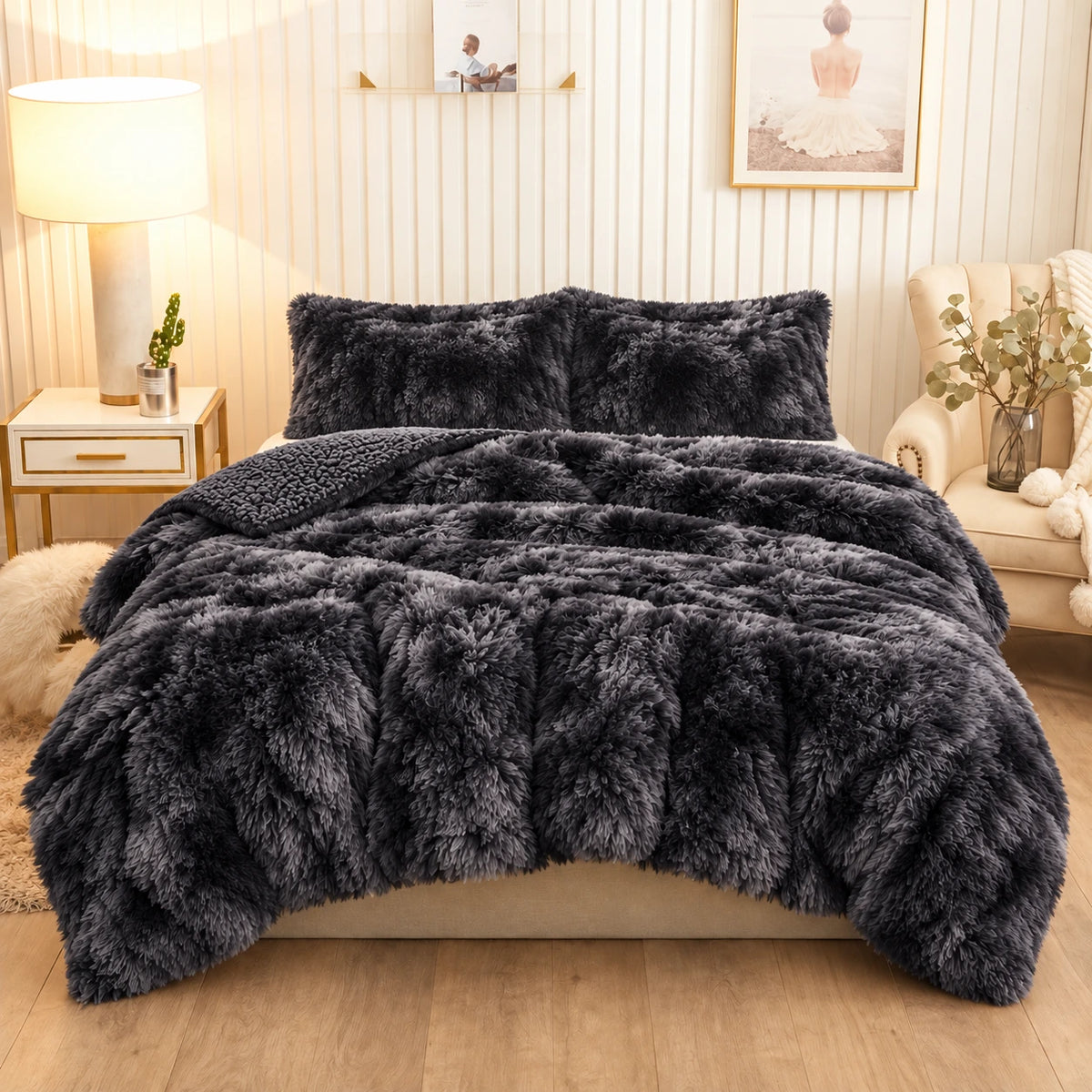 Golden House Shaggy Coverlet Set in charcoal, 180 × 240 cm