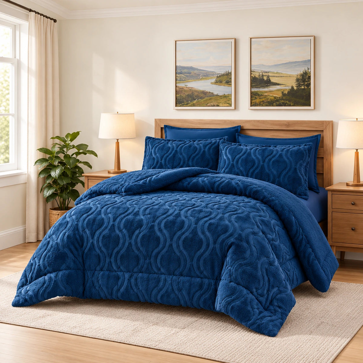 Soft Sherpa Coverlet Set – Ornate Design in Blue, complete bed lifestyle photo