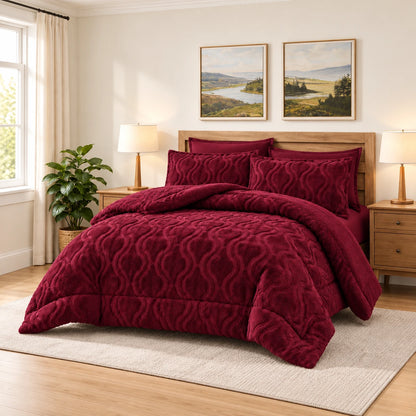 Soft Sherpa Coverlet Set – Ornate Design in Burgundy, complete bed lifestyle photo