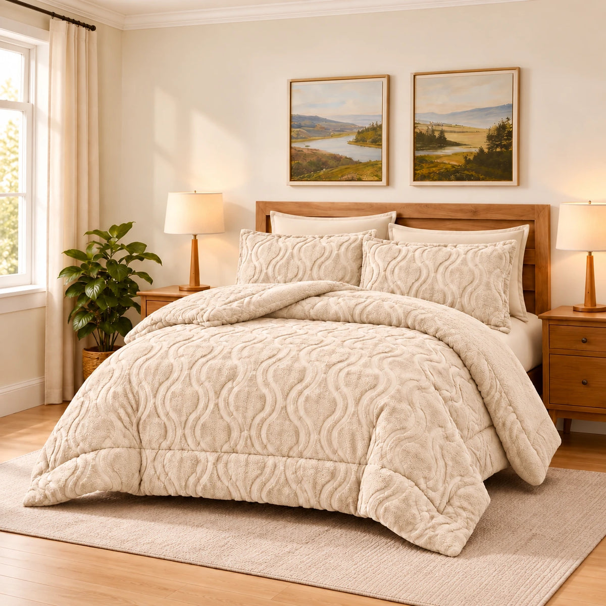 Soft Sherpa Coverlet Set – Ornate Design in Cream, complete bed lifestyle photo