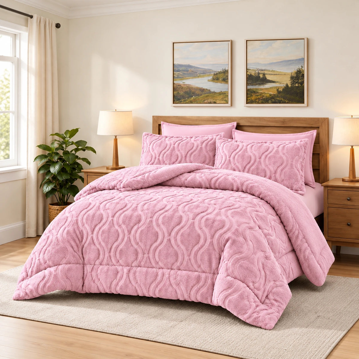 Soft Sherpa Coverlet Set – Ornate Design in Pink, complete bed lifestyle photo