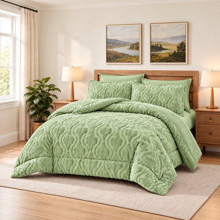 Soft Sherpa Coverlet Set – Ornate Design in Sage Green, complete bed lifestyle photo