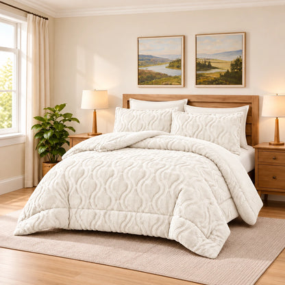 Soft Sherpa Coverlet Set – Ornate Design in White, complete bed lifestyle photo